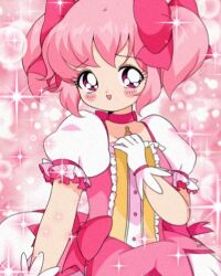 Rule 34 | 1990s (style), 1girl, bad id, bad twitter id, bishie sparkle, blush stickers, bow, bow choker, bright pupils, bubble, bubble skirt, buttons, center frills, chest jewel, choker, commentary, cowboy shot, dot nose, dress, dress bow, english commentary, eyelashes, faux retro artstyle, frilled dress, frilled sleeves, frills, gem, gloves, hair bow, hand on own chest, happy, heart, heart in eye, honeymoonpetal, kaname madoka, light particles, looking at viewer, magical girl, mahou shoujo madoka magica, mahou shoujo madoka magica (anime), miniskirt, open mouth, pink background, pink bow, pink choker, pink dress, pink eyes, pink gemstone, pink hair, pink theme, puffy short sleeves, puffy sleeves, retro artstyle, short dress, short hair, short sleeves, short twintails, skirt, skirt under dress, smile, solo, sparkle, square neckline, symbol in eye, tareme, twintails, white gloves, white pupils, white skirt, white sleeves