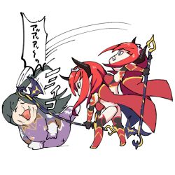 2girls :3 ass axe battle_axe blush_stickers bodysuit character_request covered_navel fat forced full_body hair_over_one_eye holding holding_axe holding_staff horns ichimonji_meiko long_hair looking_at_another lying manatee multiple_girls on_side pain parody pun red_hair shiny_clothes shiny_skin side_ponytail skin_tight smile staff taimanin_(series) taimanin_rpgx taimanin_suit taimanun translation_request very_long_hair violence weapon what wide_hips