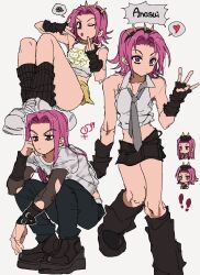 absurdres ass black_arm_warmers black_gloves black_leg_warmers black_pants black_skirt breasts brown_shoes character_name chibi chibi_inset comparison dot_nose double_middle_finger dress_shirt eyelashes fingerless_gloves fishnet_sleeves fishnets fu_r_y genderswap genderswap_(mtf) gloves green_skirt grey_necktie heart highres jojo_no_kimyou_na_bouken leg_warmers long_hair looking_at_viewer looking_down male-female_symbol mars_symbol medium_hair middle_finger miniskirt narciso_anasui necktie one_eye_closed pants pink_hair print_shirt shirt shoes simple_background sitting skirt sleeveless sleeveless_shirt small_breasts spoken_heart spoken_squiggle squatting squiggle standing stone_ocean streetwear thighs torn_clothes torn_sleeves venus_symbol white_background white_shirt white_shoes wing_collar