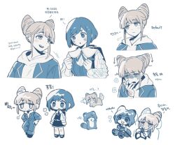 2girls blonde_hair blue_hair blue_jacket blue_vest chibi drill_hair full_body highres jacket jasmine_(toshi_densetsu_kaitai_center) kisaragi_ayumi korean_text looking_at_another medium_hair multiple_girls multiple_views shirt short_hair simple_background toshi_densetsu_kaitai_center translation_request upper_body vest white_background white_shirt wo_habum