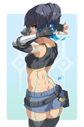 1girl blue_hair blue_shorts body_markings border commentary_request covered_erect_nipples crop_top dimples_of_venus eyelashes fiery_hair gd._fengzi glowing_lines glowing_markings heart highres long_hair looking_at_viewer looking_back median_furrow outside_border sena_(xenoblade) shorts skindentation solo standing white_border xenoblade_chronicles_(series) xenoblade_chronicles_3