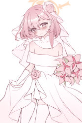 1girl absurdres alternate_costume alternate_hairstyle amerika_neko arm_at_side bare_shoulders blue_archive blush bouquet bridal_veil bright_pupils closed_mouth commentary cowboy_shot dress dress_flower elbow_gloves feather_hair flat_color flower gloves hair_behind_ear hair_bun halo happy highres holding holding_bouquet looking_at_viewer medium_hair no_headwear off-shoulder_dress off_shoulder pink_eyes pink_flower pink_hair pink_rose rose serina_(blue_archive) simple_background single_side_bun sketch skirt_hold smile solo split_mouth thighhighs veil wedding_dress white_background white_dress white_gloves white_thighhighs yellow_halo