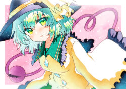 1girl black_hat dutch_angle frilled_shirt_collar frilled_sleeves frills green_eyes green_hair hair_between_eyes hat hat_ribbon highres komeiji_koishi light_blush looking_at_viewer medium_hair open_mouth pink_background ribbon rinka_(qqqrinkappp) shirt sleeves_past_fingers sleeves_past_wrists solo third_eye touhou traditional_media upper_body wide_sleeves yellow_ribbon yellow_shirt