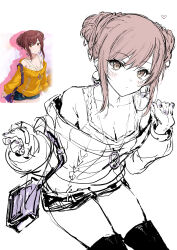 Rule 34 | 1girl, bag, blush, boots, breasts, cleavage, closed mouth, collarbone, double bun, earrings, elbow carry, game screenshot inset, hair bun, handbag, haoni, highres, idolmaster, idolmaster shiny colors, jewelry, long hair, long sleeves, looking at viewer, medium breasts, necklace, off shoulder, official alternate costume, official alternate hairstyle, osaki amana, red hair, short shorts, shorts, shoulder bag, sitting, sketch, smile, solo, swept bangs, thigh boots, yellow eyes
