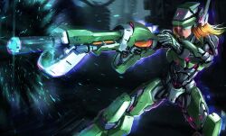 Rule 34 | 1boy, adapted costume, arm cannon, armor, energy weapon, firing, glint, glowing, glowing eye, green armor, green headwear, helmet, highres, mechaklear, medium hair, mega man (series), mega man battle network (series), netnavi, orange hair, powering up, scouter, searchman.exe, weapon