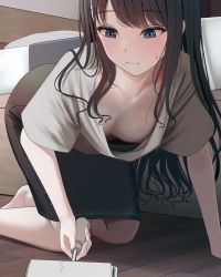 1girl 3: absurdres all_fours bare_legs barefoot bed black_hair black_skirt blush breasts closed_mouth collarbone downblouse grey_shirt highres holding idolmaster idolmaster_shiny_colors indoors kazano_hiori long_hair medium_skirt mole mole_under_mouth nipple_slip nipples no_bra pencil_skirt shirt skirt small_breasts solo sweatdrop swept_bangs turisasu very_long_hair
