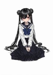Rule 34 | 1girl, :|, absurdres, akiii kawa, black hair, black sailor collar, black shoes, black skirt, blue bow, blue bowtie, blush, bow, bowtie, chinese commentary, closed mouth, commentary request, double bun, ear piercing, earrings, full body, hair bun, highres, jewelry, loafers, long hair, long sleeves, looking at viewer, original, own hands together, piercing, red eyes, sailor collar, sailor shirt, school uniform, serafuku, shirt, shoes, sitting, skirt, solo, twintails, very long hair, wariza, white shirt