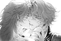 Rule 34 | 2boys, absurdres, adam&#039;s apple, astercatto, blush, body markings, closed eyes, collared shirt, commentary, crying, crying with eyes open, english commentary, facial mark, greyscale, hair behind ear, hand on another&#039;s face, hand on another&#039;s wrist, highres, honkai: star rail, honkai (series), jewelry, kiss, looking at another, male focus, medium hair, monochrome, multiple boys, mydei (honkai: star rail), necklace, parted lips, phainon (honkai: star rail), popped collar, shirt, short hair, sparkle, streaming tears, tears, teeth, white background, yaoi