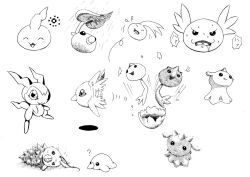 chibimon chocomon cocomon digimon digimon_(creature) digitama egg gummymon horns leaf leafmon looking_at_viewer minomon open_mouth poromon pururumon rain sun tsubumon upamon zerimon