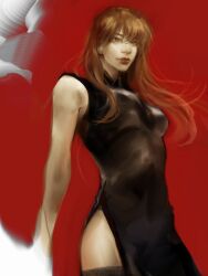 Rule 34 | 1girl, black thighhighs, blunt bangs, breasts, brown eyes, brown hair, cowboy shot, dress, hair over shoulder, highleg, highleg dress, highres, leaning back, lipstick, long hair, macaronijail, makeup, omniscient reader&#039;s viewpoint, solo, thighhighs, toned, toned female, zettai ryouiki