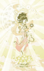 1girl anklet azuma_shou barefoot black_hair cloud dress female_focus flower highres hinduism jewelry lakshmi light long_hair lotus petals solo