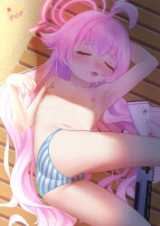 1girl absurdres andro_gs arm_behind_head arm_up armpits artist_name ass beach blue_archive blush breasts closed_eyes day drooling eyebrows eyelashes fangs feet_out_of_frame female_focus gun halo hand_up highres hoshino_(blue_archive) loli long_hair lying navel nipples nose nose_blush on_back open_mouth outdoors panties pink_hair pink_halo pov saliva sand shotgun sleeping small_breasts solo striped_clothes striped_panties tongue topless_female twisted_torso two-tone_panties underwear very_long_hair weapon