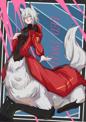 1girl absurdres amber&#039;s animal_ears arknights black_undershirt breasts centauroid character_name coat commentary_request fangs full_body grey_hair hair_between_eyes hand_on_own_chest highres hood hood_down hooded_jacket jacket long_sleeves looking_at_viewer medium_breasts monster_girl monsterification off_shoulder open_clothes open_coat open_mouth projekt_red_(arknights) red_coat sidelocks sitting skin_fangs solo tail taur wolf_ears wolf_girl wolf_tail yellow_eyes