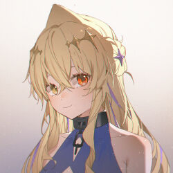 Rule 34 | 1girl, absurdres, backlighting, bare shoulders, bilibili 4817571, blonde hair, chain, closed mouth, collar, confetti, dress, hair between eyes, hair bun, hair ornament, heterochromia, highres, indie virtual youtuber, kaofish, light blush, long bangs, long hair, looking at viewer, metal collar, red eyes, shadow, sidelocks, simple background, single side bun, sleeveless, sleeveless dress, smile, solo, star (symbol), star hair ornament, upper body, virtual youtuber, yellow eyes