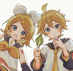 1boy 1girl ahoge black_sailor_collar black_sleeves blonde_hair blush closed_mouth commentary detached_sleeves double-parted_bangs from_below hair_ornament hair_ribbon hairclip highres kagamine_len kagamine_rin looking_at_viewer looking_down medium_hair midriff necktie open_mouth ponytail ribbon sailor_collar sazanami_(ripple1996) simple_background swept_bangs twitter_username vocaloid white_background white_ribbon yellow_necktie