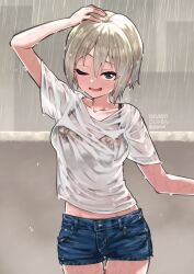 1girl ;d artist_name black_bra blush bra breasts commentary_request cowboy_shot dated denim denim_shorts gojarun grey_hair highres idolmaster idolmaster_cinderella_girls looking_at_viewer medium_breasts midriff one_eye_closed open_mouth rain shiomi_syuko shirt short_hair short_shorts shorts smile solo steam t-shirt thighs twitter_username underwear watermark wet wet_clothes wet_hair wet_shirt white_shirt