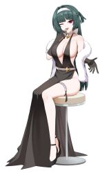 1girl ;d alternate_costume astra_yao black_dress black_gloves black_shoes bow bow_choker breasts center_opening choker collarbone commentary_request dress earrings elbow_gloves evening_gown feather_boa formal_clothes full_body gloves green_hair hair_intakes hairband high_heels highres holding_poker_chip jewelry large_breasts long_hair looking_at_viewer noa_(noa01010) on_chair one_eye_closed one_side_up open_mouth pendant_choker red_eyes shoes side_slit sidelocks single_bare_leg single_earring sitting smile solo stool tassel tassel_earrings tsurime very_long_hair white_background white_bow white_choker white_hairband zenless_zone_zero