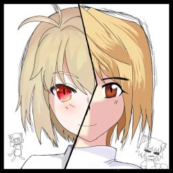1girl antenna_hair arcueid_brunestud before_and_after blonde_hair blush light_smile looking_at_viewer mellox2004 neco-arc neco-arc_chaos neco_spirit portrait red_eyes short_hair simple_background smile solo_focus sweater tsukihime tsukihime_(remake) turtleneck white_sweater