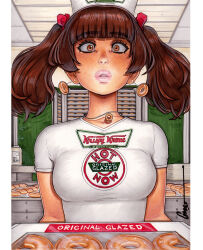 1girl black_eyeliner breasts brown_eyes brown_hair character_request copyright_request donut donut_earrings earrings eyeliner food food-themed_earrings hat highres indoors jewelry krispy_kreme looking_at_viewer makeup medium_breasts nose omar_dogan pink_lips shirt sidelocks signature solo t-shirt thick_lips twintails white_hat