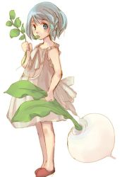 1girl blue_eyes blue_hair blush braid brown_dress collarbone dress eating female_focus food holding leaf looking_at_viewer matching_hair/eyes murakami murakami_mame original radish shoes short_hair simple_background single_braid sleeveless sleeveless_dress slippers solo standing vegetable white_background