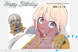 108_(toowa) 1girl :d :o bead_bracelet bead_necklace beads bikini blush bracelet character_name danganronpa_(series) danganronpa_v3:_killing_harmony dark-skinned_female dark_skin dated frilled_bikini frills grey_hair hands_up happy_birthday highres jewelry long_hair long_sleeves necklace open_mouth portrait purple_eyes smile swimsuit watermark yonaga_angie