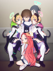 1boy 4girls absurdres aris_(blue_archive) blue_archive glasses highres hug looking_at_viewer midori_(blue_archive) momoi_(blue_archive) multiple_girls problem_solver_sensei_(blue_archive) sensei_(blue_archive) sitting smile snkagawa solo yuzu_(blue_archive)