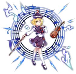 Rule 34 | 1girl, black hat, black skirt, black vest, blonde hair, bow (music), breasts, closed mouth, crescent, crescent hat ornament, frilled hat, frills, full body, game cg, hat, hat ornament, highres, instrument, kneehighs, long sleeves, looking at viewer, lunasa prismriver, mary janes, musical note, musical staff, official art, purple shoes, rotte (1109), shirt, shoes, short hair, skirt, socks, solo, third-party source, touhou, touhou lostword, transparent background, vest, violin, white shirt, white socks, yellow eyes