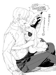 1boy 1girl blush bottle cigarette closed_eyes collared_shirt drunk eyepatch franken_stein_(soul_eater) glass_bottle glasses greyscale hetero highres hissiu holding holding_bottle hug long_hair long_sleeves marie_mjolnir monochrome mouth_hold object_through_head open_mouth pants sake_bottle screw_in_head shirt short_hair simple_background sitting skirt sleeveless sleeveless_shirt smile soul_eater white_background