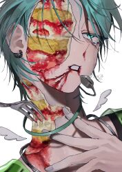 1boy alien_stage birthday blood blood_on_face cake choker commentary earrings english_commentary food fork green_eyes grey_choker grey_hair hand_on_own_neck headset highres icing jewelry male_focus microphone mini_wings parted_lips red_pupils short_hair signature solo tears till_(alien_stage) white_background white_wings wings ye_nayuta