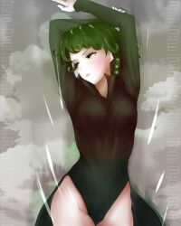 Rule 34 | 1girl, arms up, artist name, breasts, commentary, green eyes, green hair, groin, liemcee, long sleeves, looking to the side, one-punch man, side slit, small breasts, solo, tatsumaki, watermark