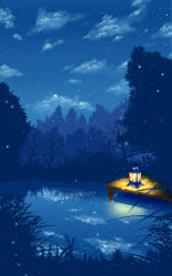 absurdres akine_eiri cloud dock grass highres lake lantern night night_sky no_humans original outdoors reflection reflective_water scenery sky star_(sky) starry_sky tree water