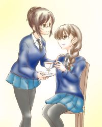 black_legwear black_necktie blue_jacket blue_skirt braid breasts brown_eyes brown_hair cup cup_holder girls_und_panzer glasses hand_on_another&#039;s_shoulder implied_yuri jacket long_sleeves looking_at_another miniskirt necktie nilgiri_(girls_und_panzer) pantyhose rukuriri_(girls_und_panzer) school_uniform skirt st._gloriana&#039;s_school_uniform teacup teapot tinziu yuri
