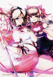 2girls animal_ears artist_name black_cat_d.va black_dress blonde_hair blue_eyes bow bowtie breasts cat_ears choker d.va_(overwatch) dress earrings facial_mark fake_animal_ears flower gloves heart heart_earrings heart_hands heart_headband heco_heio high_heels highres jewelry mercy_(overwatch) multiple_girls overwatch overwatch_1 pink_mercy rose staff_(weapon) twintails