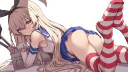 1girl absurdres animal_ear_hairband animal_ears armpits ass bare_shoulders black_hairband black_panties black_ribbon blonde_hair blue_sailor_collar blue_skirt blue_trim breasts collared_shirt commentary_request creek_(moon-sky) crossed_arms elbow_gloves fake_animal_ears feet_up from_behind from_side gloves hair_between_eyes hair_ribbon hairband highres kantai_collection knees_apart_feet_together light_blush long_hair looking_at_viewer looking_back looking_to_the_side lying miniskirt no_shoes on_stomach panties parted_lips pleated_skirt rabbit_ear_hairband rabbit_ears red_thighhighs rensouhou-chan revision ribbon sailor_collar school_uniform serafuku shaded_face shimakaze_(kancolle) shirt simple_background skirt sleeveless sleeveless_shirt small_breasts solo striped_clothes striped_thighhighs the_pose thighhighs underwear very_long_hair white_background white_gloves white_shirt white_thighhighs white_trim yellow_eyes