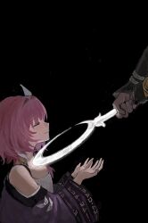 1boy 1girl black_background breasts ceremonial_blade_(honkai:_star_rail) closed_eyes closed_mouth coat commentary cyrene_(honkai:_star_rail) dress flame_reaver_of_the_deepest_dark hair_ornament highres holding holding_staff honkai:_star_rail honkai_(series) medium_hair multicolored_hair pink_hair purple_coat simple_background small_breasts staff tori_nos two-tone_hair white_dress white_hair