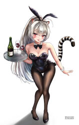 Rule 34 | absurdres, alcohol, animal ears, black leotard, black pantyhose, bottle, breasts, brown dust (series), brown dust 2, cleavage, collarbone, commentary, covered navel, cup, detached collar, drinking glass, fake animal ears, grey hair, highres, holding, holding tray, leaning forward, leotard, long hair, medium breasts, pantyhose, playboy bunny, ponytail, red eyes, red wine, simple background, striped tail, tail, thigh gap, tongue, tongue out, tray, very long hair, white background, white hair, wine, wine bottle, wine glass, wrist cuffs, yuri (brown dust), zaga