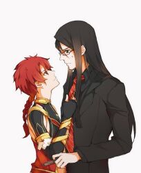 2boys adjusting_another&#039;s_clothes adjusting_clothes adjusting_necktie alexander_(fate) black_hair black_jacket black_shirt black_suit braid braided_ponytail commentary_request fate/grand_order fate_(series) formal_clothes glasses green_eyes height_difference highres jacket long_hair lord_el-melloi_ii male_focus multiple_boys necktie nineayan red_eyes red_hair shirt single_braid smile suit sweatdrop waver_velvet waver_velvet_(zhuge_liang)