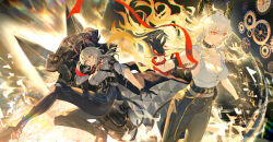 1girl bare_shoulders black_choker black_gloves black_hair black_horns black_pants black_tail blonde_hair breasts choker chromatic_aberration cleavage collarbone commentary curled_horns gloves grey_hair hair_between_eyes high-waist_pants highres holding holding_shield horns inixixi large_breasts long_hair multicolored_hair multiple_views necktie pants red_eyes red_necktie shield shirt streaked_hair tail tight_clothes tight_pants torn_clothes torn_shirt very_long_hair white_shirt wuthering_waves zani_(wuthering_waves)