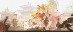 3girls absurdres barefoot chinese_clothes commission double_bun green_eyes hair_bun highres large_variant_set long_hair multiple_girls neko_blow one_eye_closed orange_hair original outdoors pink_hair red_hair soles toes variant_set