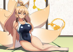 1girl absurdres animal_ear_fluff animal_ears barefoot black_one-piece_swimsuit blonde_hair breasts brown_eyes competition_swimsuit fox_ears fox_tail hair_tubes highres large_breasts long_hair looking_at_viewer multiple_tails one-piece_swimsuit original sitting solo swimsuit tail yokozuwari zetsuei_(zetto)