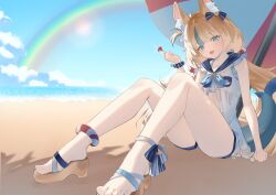 1girl absurdres animal_ear_fluff animal_ears beach blonde_hair blue_bow blue_collar blue_eyes blue_shorts blush bow candy cat_ears cat_girl collar fins fish_tail food hair_bow highres holding holding_candy holding_food holding_lollipop indie_virtual_youtuber lollipop miku_rasha open_mouth sameko_saba sandals shark_girl shark_tail shirt short_shorts shorts solo tail virtual_youtuber white_shirt