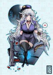 Rule 34 | 1girl, a.c.p.u. (nikke), absurdres, alternate breast size, ammunition, ammunition belt, black thighhighs, blue eyes, breasts, bullpup, commentary, cup, desola, disposable coffee cup, disposable cup, dog tags, english commentary, fluffy hair, gloves, goddess of victory: nikke, gun, hat, highres, holding, holding cup, large breasts, long hair, open mouth, poli (nikke), police, police hat, police uniform, policewoman, shotgun, shotgun shell, skirt, smile, solo, tactical clothes, thighhighs, very long hair, weapon, white hair, window magazine