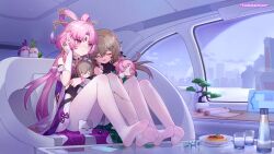Rule 34 | 2girls, brown hair, closed eyes, fu xuan (honkai: star rail), highres, honkai: star rail, honkai (series), multiple girls, no shoes, pantyhose, pink eyes, pink hair, qingque (honkai: star rail), sitting, tsubasa tsubasa, white pantyhose