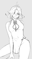 1girl arm_behind_back bare_arms bare_shoulders blush breasts china_dress chinese_clothes cleavage_cutout clothing_cutout commentary dokibird_(vtuber) dress english_commentary grey_background greyscale indie_virtual_youtuber looking_at_viewer medium_breasts moist_owlette monochrome no_panties nose_blush short_dress short_hair side_slit simple_background sleeveless sleeveless_dress smile solo tassel thighs virtual_youtuber