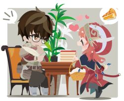 Rule 34 | 01 (zeroichi srl), 1boy, 1girl, atelier (series), atelier lulua, basket, black pants, book, book stack, border, brown eyes, brown hair, chair, chibi, coat, food, full body, glasses, grey background, hat, holding, holding basket, holding quill, long hair, long sleeves, looking at another, open mouth, outside border, pants, pie, pie slice, plant, potted plant, profile, quill, red coat, rorolina frixell, short hair, sitting, smile, spoken food, spoken notice lines, standing, sterkenburg cranach, table, white border
