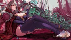 1girl armor breasts bush cape cleavage_cutout clothing_cutout crossed_legs dress fingerless_gloves full_body gem gloves hand_on_own_thigh high_heels highres hime_cut jessika’s_curse logo looking_at_viewer medium_breasts orange_eyes original patreon_logo patreon_username pauldrons plant purple_dress purple_thighhighs red_cape shoulder_armor sitting_on_pillow sommelier spiked_pauldrons thighhighs thighs twitter_logo twitter_username venusnoiregames white_hair