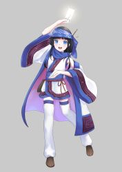 1girl absurdres ainu ainu_clothes black_hair blue_eyes card dungeons_&amp;_dragons highres holding holding_card japanese_clothes long_hair noualle open_mouth original shoes smile thighhighs white_thighhighs wide_sleeves