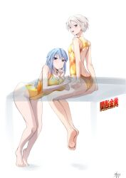 2girls absurdres alice_gear_aegis angelica_glazunova ass barefoot blue_hair breasts brown_hair cleavage gold_one-piece_swimsuit highres long_hair multiple_girls nikaido_tsukasa one-piece_swimsuit short_hair swimsuit x4mel