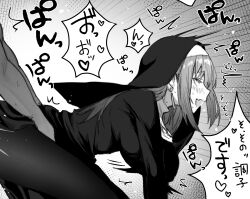 1boy 1girl blush breasts cowboy_shot dark-skinned_male dark_skin earrings from_side greyscale highres jewelry large_breasts long_hair monochrome nun original piratescat01 rena_(piratescat01) rolling_eyes sex sex_from_behind solo_focus speech_bubble