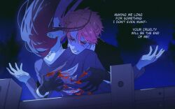 1boy 1girl black_gloves black_suit blood blood_on_body blood_on_hands clenched_teeth closed_eyes dark dim_lighting english_text falling formal_clothes gloves hair_flowing_over hair_over_eyes hand_on_another&#039;s_back head_on_another&#039;s_shoulder highres hug injury leaning_back leaning_on_person limited_palette moonlight night open_mouth original outstretched_arms par0llel pink_hair purple_hair ripping rooftop short_hair suit teeth torn_clothes